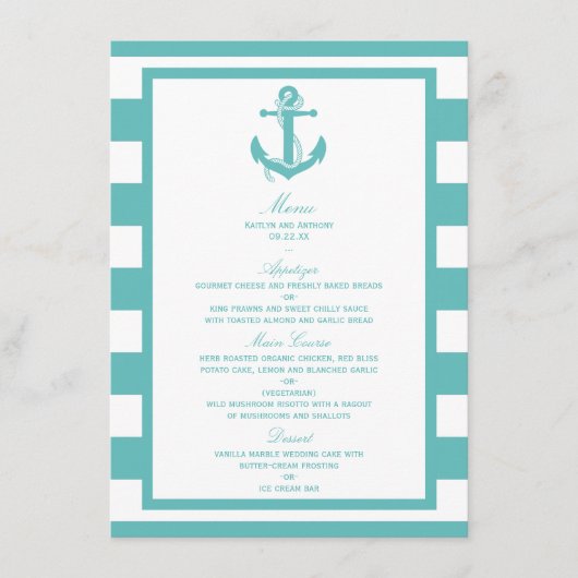 Nautical Turquoise Stripe Anchor Wedding Menu (Voorkant)