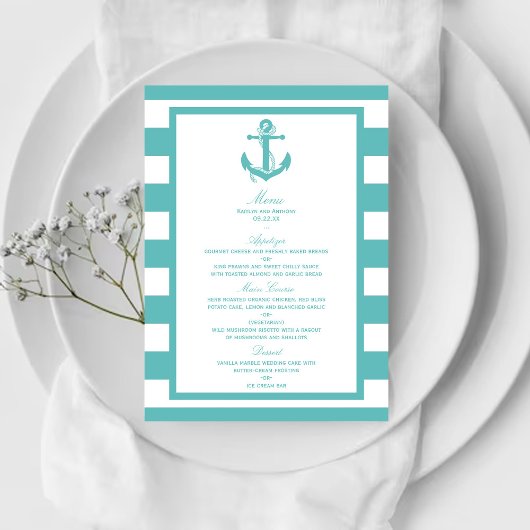 Nautical Turquoise Stripe Anchor Wedding Menu
