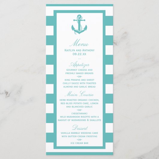 Nautical Turquoise Stripe Anchor Wedding Menu (Voorkant)