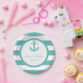 Nautical Turquoise Stripe Anchor Wedding Papieren Bordje (Feest)