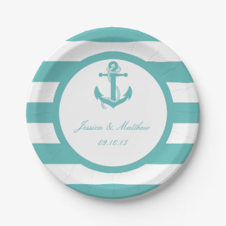 Nautical Turquoise Stripe Anchor Wedding Papieren Bordje