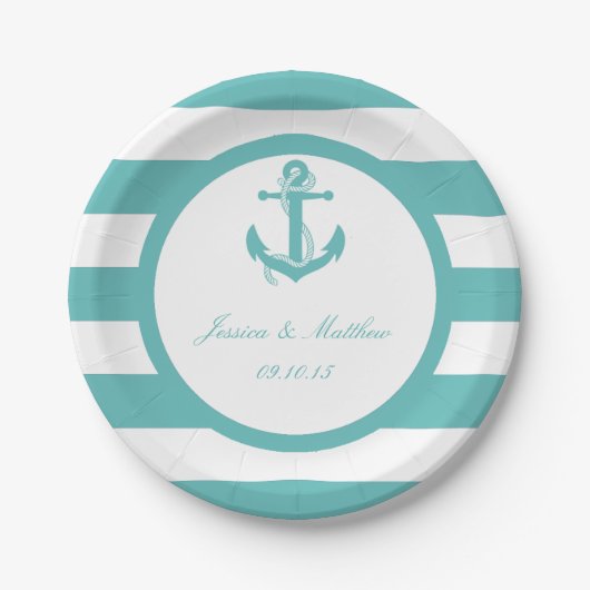 Nautical Turquoise Stripe Anchor Wedding Papieren Bordje (Voorkant)