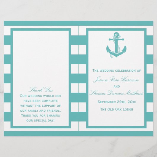 Nautical Turquoise Stripe Anchor Wedding Programme (Voorkant)