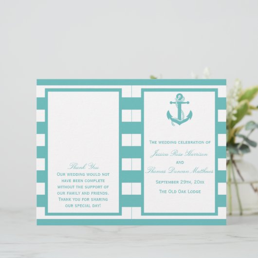 Nautical Turquoise Stripe Anchor Wedding Programme (Staand voorkant)