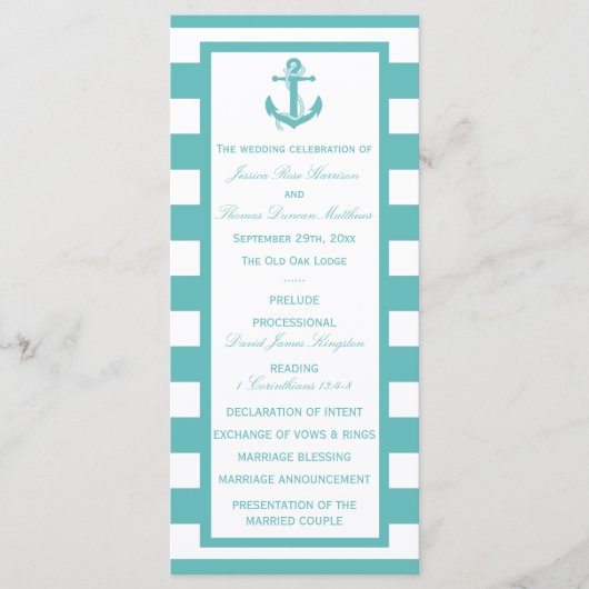 Nautical Turquoise Stripe Anchor Wedding Programme Programmakaart (Voorkant)