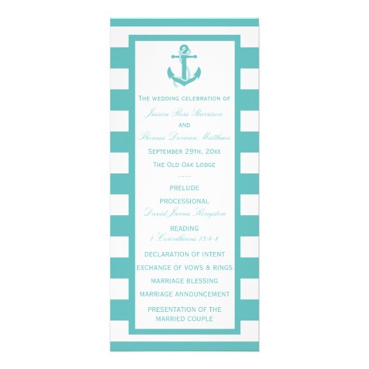 Nautical Turquoise Stripe Anchor Wedding Programme Reclamekaart (Voorkant)