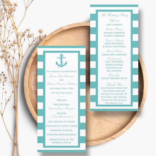Nautical Turquoise Stripe Anchor Wedding Programme Reclamekaart