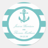 Nautical Turquoise Stripe Anchor Wedding Ronde Sticker (Voorkant)