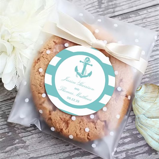 Nautical Turquoise Stripe Anchor Wedding Ronde Sticker
