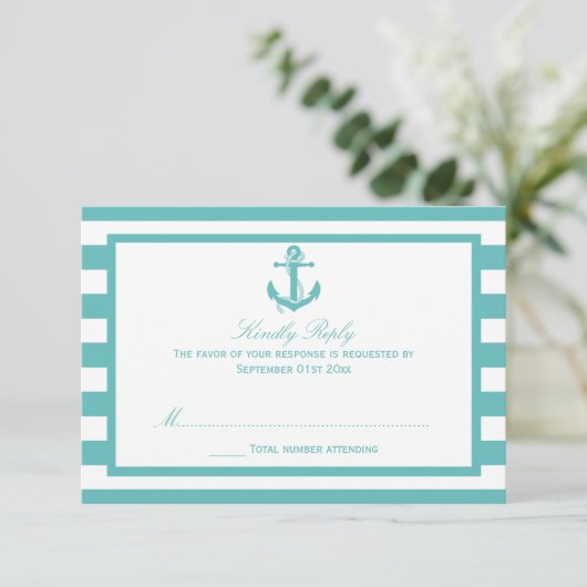 Nautical Turquoise Stripe Anchor Wedding RSVP (Staand voorkant)