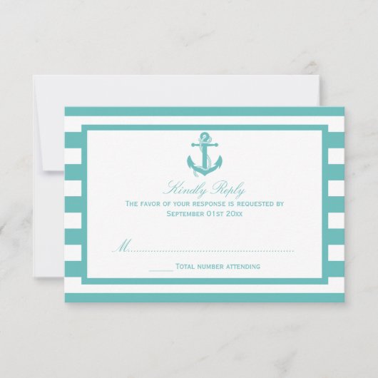 Nautical Turquoise Stripe Anchor Wedding RSVP Kaartje (Voorkant)