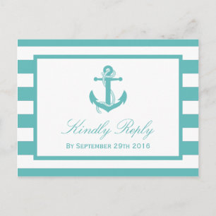 Nautical Turquoise Stripe Anchor Wedding RSVP Uitnodiging Briefkaart
