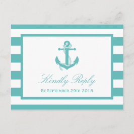 Nautical Turquoise Stripe Anchor Wedding RSVP Uitnodiging Briefkaart