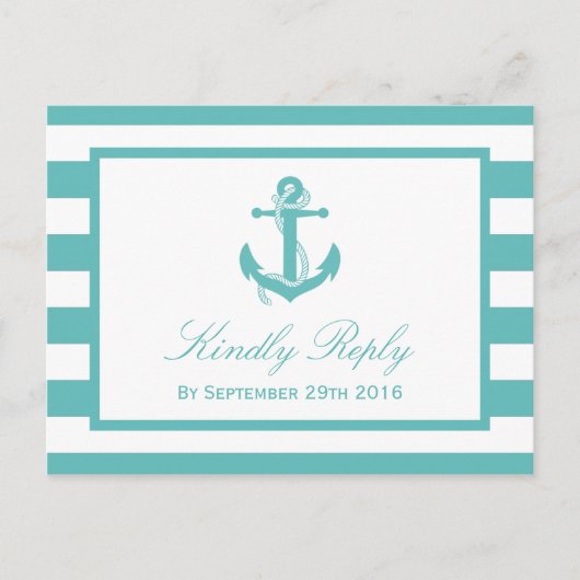 Nautical Turquoise Stripe Anchor Wedding RSVP Uitnodiging Briefkaart (Voorkant)