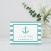 Nautical Turquoise Stripe Anchor Wedding RSVP Uitnodiging Briefkaart (Staand voorkant)