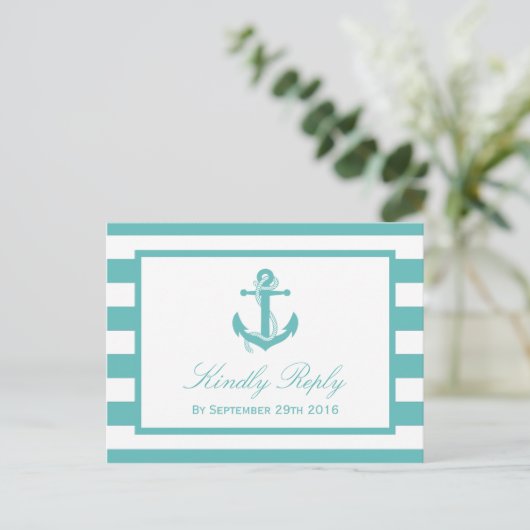 Nautical Turquoise Stripe Anchor Wedding RSVP Uitnodiging Briefkaart (Staand voorkant)