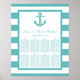 Nautical Turquoise Stripe Anchor Wedding Seating S Poster