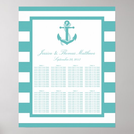 Nautical Turquoise Stripe Anchor Wedding Seating S Poster (Voorkant)
