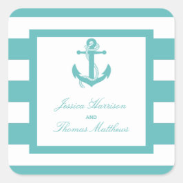 Nautical Turquoise Stripe Anchor Wedding Vierkante Sticker