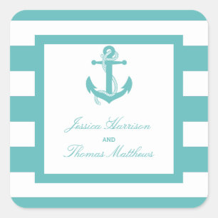Nautical Turquoise Stripe Anchor Wedding Vierkante Sticker
