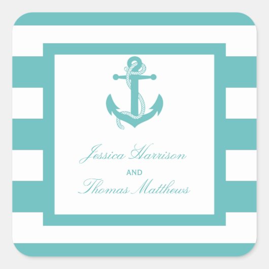 Nautical Turquoise Stripe Anchor Wedding Vierkante Sticker (Voorkant)