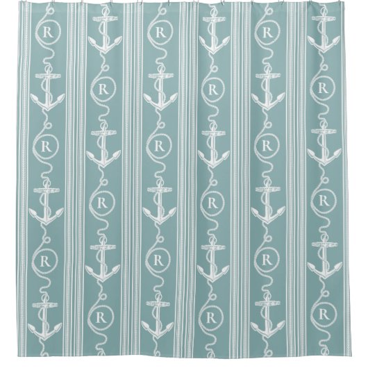 Nautical Turquoise White Anchor Rope Monogram Show Douchegordijn (Voorkant)