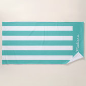 Nautical Turquoise & White Striped Custom Name Strandlaken (Voorkant)