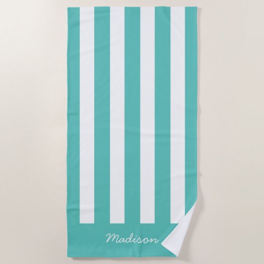 Nautical Turquoise & White Striped Custom Name Strandlaken (Voorkant)