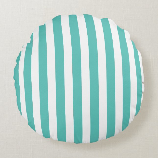 Nautical Turquoise & White Striped Rond Kussen (Voorkant)