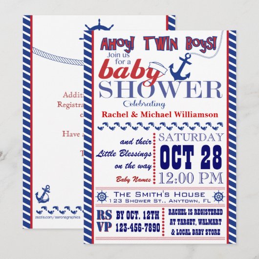 Nautical Twin Baby Boy Shower Uitnodiging (Voorkant / Achterkant)