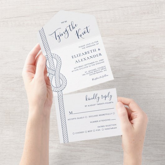 Nautical Tying De Knoop Touw Bruiloft All In One Uitnodiging (Afscheurbaar)