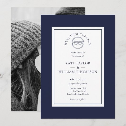 Nautical Tying the Knot Navy Blue Weddenfoto Kaart (Voorkant / Achterkant)