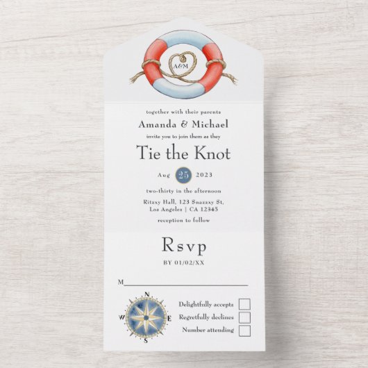 Nautical Tying the Knot Wedding All In One Uitnodiging (Binnen)