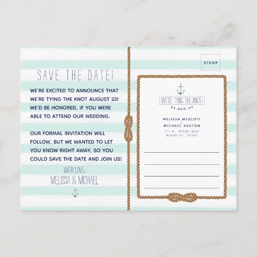 Nautical Tying the Knot Zee Foam Save the Date Aankondigingskaart (Achterkant)