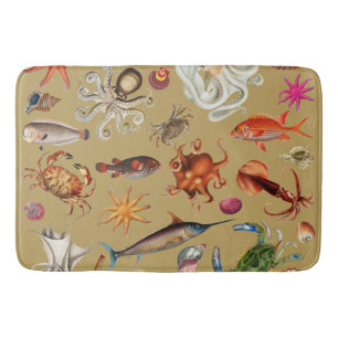 Nautical Underwater Zee Life Illustration Gold Badmat
