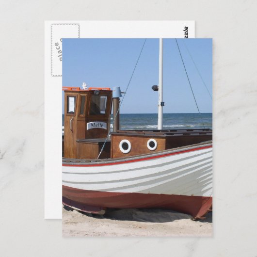 Nautical Vissen Boat op Sandy Ocean Beach Briefkaart (Voorkant / Achterkant)