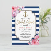 Nautical Vrijgezellenfeest Roze Floral Navy Stripe Kaart (Staand voorkant)