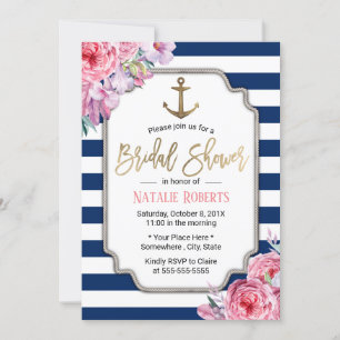 Nautical Vrijgezellenfeest Roze Floral Navy Stripe Kaart
