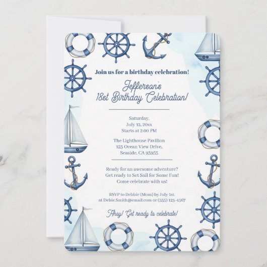 Nautical Watercolor Anchor Wheel Border Kaart (Voorkant)