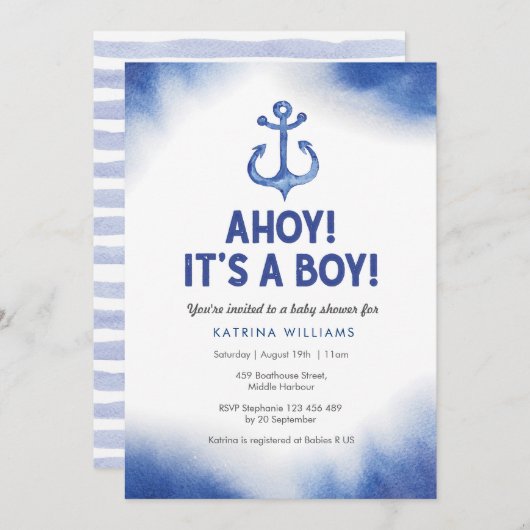 Nautical Watercolor Blauwe Baby Shower uitnodiging (Voorkant / Achterkant)