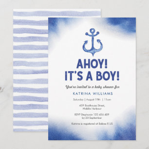 Nautical Watercolor Blauwe Baby Shower uitnodiging