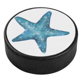 Nautical Watercolor Blue Starfish Hockey Puck