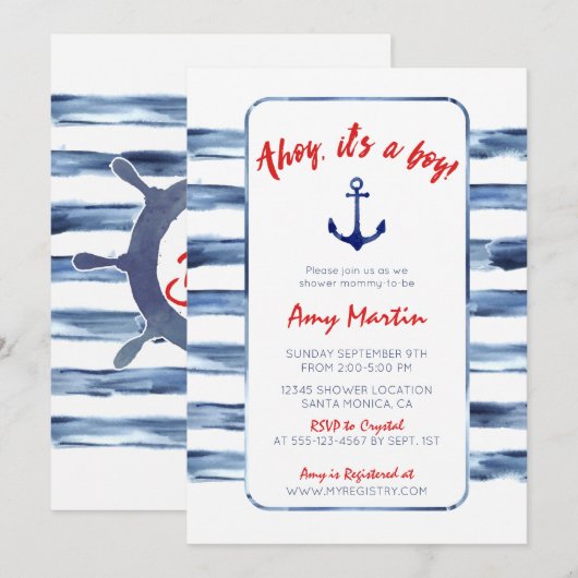 Nautical, Waterverf Baby shower Invitation Kaart (Voorkant / Achterkant)