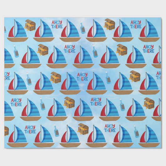 Nautical Waterverf Boat Pirate's Treasure Blue Cadeaupapier (Vlak)
