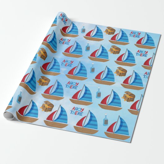 Nautical Waterverf Boat Pirate's Treasure Blue Cadeaupapier (Uitgerold)