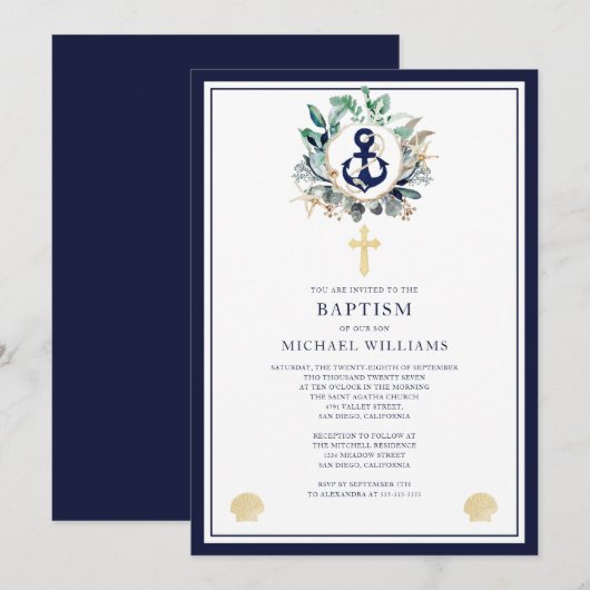 Nautical Waterverf Navy Anchor Cross Baptisme Kaart (Voorkant / Achterkant)