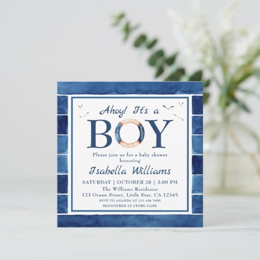 Nautical Waterverf Navy Blue Boy Baby shower Kaart (Staand voorkant)