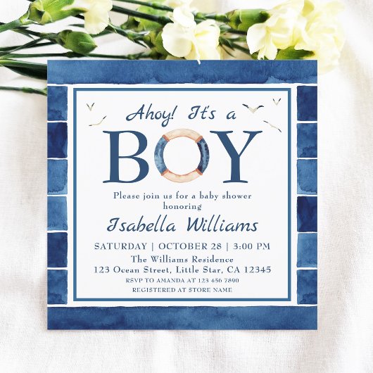 Nautical Waterverf Navy Blue Boy Baby shower Kaart