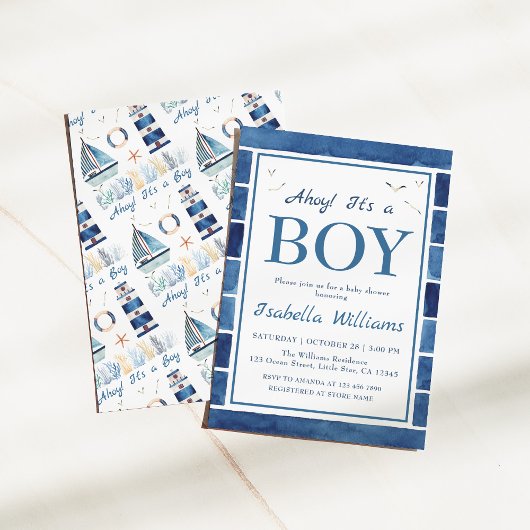 Nautical Waterverf Navy Blue Boy Baby shower Kaart