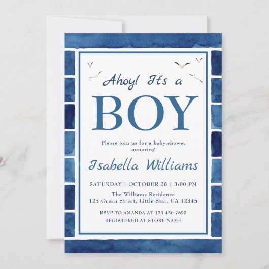 Nautical Waterverf Navy Blue Boy Baby shower Kaart (Voorkant)